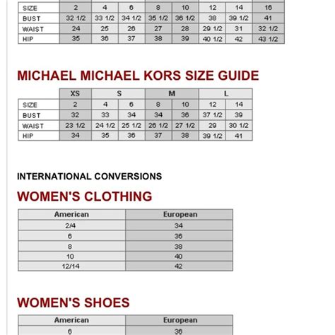 Michael Kors pants size chart